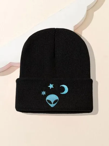 Men Moon & Alien Embroidered Beanie
