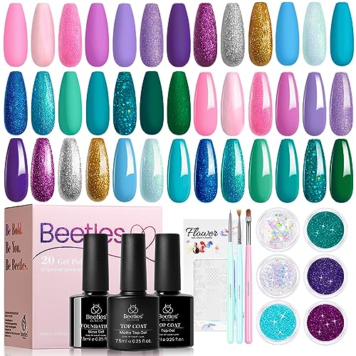 Beetles Mermaid Mantra 20 Colors Gel Nail Polish Set Soak off Glitter Pink Purple Blue Green Gel Polish Gel Base Top Coat Nail Brushes 6 Pcs Glitter Mermaid Stickers Nails - Mermaid