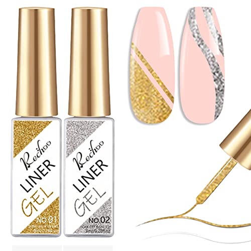 Rechoo Liner Nail Gel Polish-10ML*2 Gold & Silver Glitter Gel Nail Polish for Fineliner Nail Art, French Manicure Nail Polish, UV Shellac Color Gel with thinner Brush for Professionals and Beginner - A-Gold & Silver