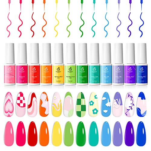 Beetles Gel Polish Nail Art Gel Liner Set-12 Rainbow Colorful Pastel Gel Art Paint for Trendy Swirl Nails Bright Spring Summer Girly Color Built Thin Nail Art Brush in Bottle Gel Soak Off Led Lamp Gel - A-Rainbow