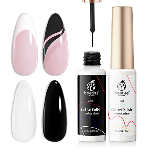 Beetles Gel Nail Polishes- 2 Nail Art Gel Liner Set, Black White Colors Gel Art Paint for Nails Built Thin Nail Art Brush in Gel Pens Soak Off Nail Art Christmas Nails Art - White,Black