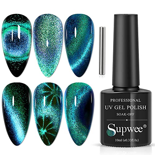 Supwee 10ML Green Cat Eye Top Coat Gel Polish 2-IN-1 9D Wide Cat Magnetic Gel Polish And Top Coat Gel Nail Polish Manicure Nail Salon Kit Soak Off UV Gel No Need Top Coat - 9DTop002