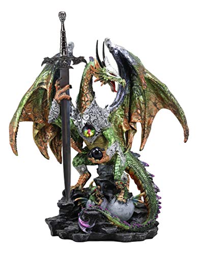 Ebros Gift Large Green Jade Armored Dragon Guardian of The Space Orb and Excalibur Dagger Blade Sword Statue 16.75" Tall Medieval Dungeons and Dragons Fantasy Decorative Sculpture