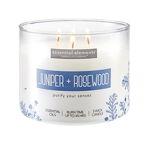 Essential Elements by Candle-lite Scented Candles, Juniper and Rosewood Fragrance, One 14.75 oz. Three-Wick Aromatherapy Candle with 45 Hours of Burn Time, Off-White Color - Juniper & Rosewood - 14.75 oz
