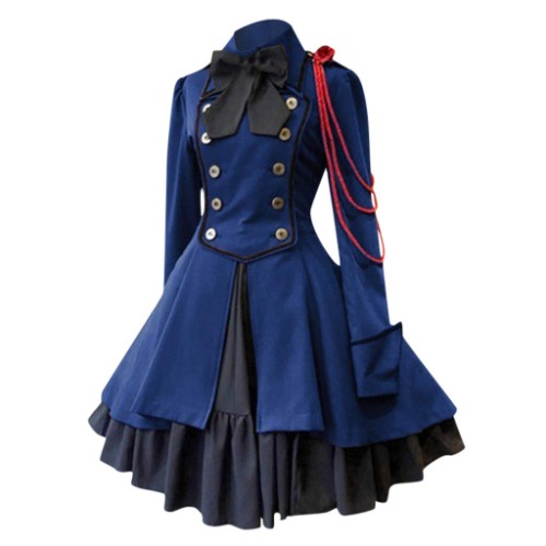 Womens Lolita Gothic Dress with Vintage Bow Ruffle Steampunk Dress Long Sleeve Short Renaissance Dress Cosplay - Large Blue