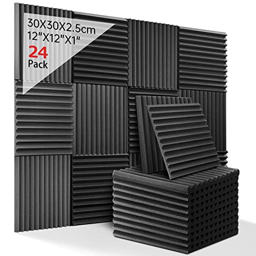 Acoustic Foam, 24 Pcs Black Sound Proofing Panels For Podcasting, Studios, Offices, Sound Absorbing (12"x12"x1") - 24 Pcs-1" - black
