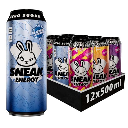 SNEAK | Mixed Cans with Blizzard, Raspberry Lemonade, Tropikilla & Purple Storm | Zero Sugar, Low-Calorie Energy Drink for Sustained Concentration & Focus | 500ml x 12