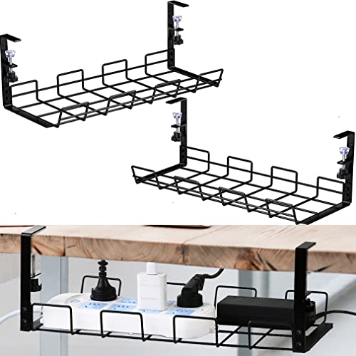 No Drill to Desk Cable Management Tray, Cable Racks Under Desk Cable Organizer for Wire Management, Sturdy Metal Cable Tray Basket for Office and Home Standing Desk-2Pack - 2PACK - Black