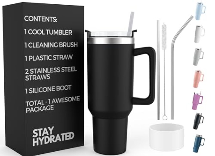 Re Tech UK - 40oz Tumbler with Straw and Lid + 2 Stainless Steel Straws, Silicone Boot, 1.2 litres, Insulated Cup -Travel Mug with Handle - Birthday Gift for Girls, Black - Black
