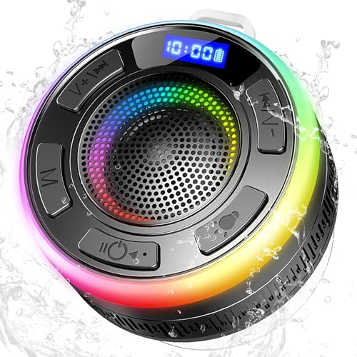 Bluetooth Shower Speaker, Portable Wireless Speaker IP7 Waterproof 360° Surround Sound, LED Light Show, Bulit-in Mic, Bathroom Speaker with Suction Cup for Bathroom, Outdoor, Party, Travel (New) - Black