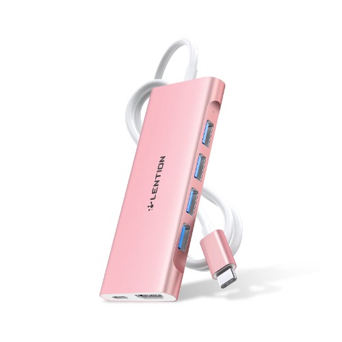 LENTION 3.3FT Long Cable USB C Hub Multiport Adaptor with 4K HDMI 4 USB 3.0 Type C Charging Adapter Compatible 2022-2016 MacBook Pro 13/14/15/16 New Mac Air /Surface Chromebook More (C35-1M Rose)