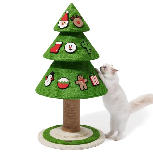 VETRESKA Cat Scratching Post for Indoor Cats - 3.2Ft Christmas Pine Tree Cat Scratch Posts, Extra Large Sisal Cat Scratcher Heavy Duty Cat Scratch Tree Tower w/Christmas Felt Stickers - Large