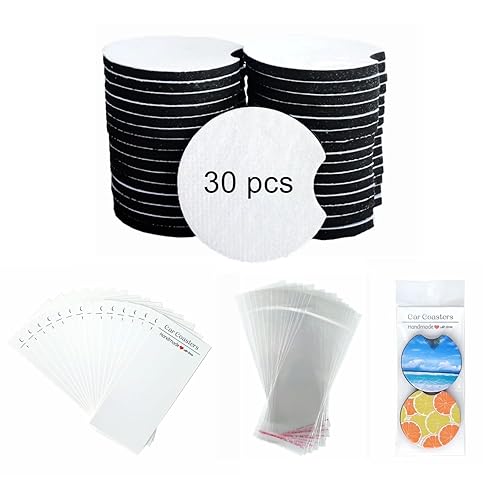 60PCS Sublimation Coasters Blanks, Round Car Coasters Sublimation Blanks Set, Car Coaster Packaging with Display Cards Bags, 4 Inch Blank Cup Mat for Sublimation Transfer Heat Press DIY Crafts - 60