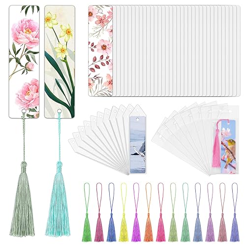 50 Sets Sublimation Blank Bookmarks with Clear Bookmark Sleeves Tassels and Self-Sealing Bags, Heat Transfer Metal Aluminum DIY Bookmark with Hole for Crafts Reading School Office Supplies - Rectangle - 50 Sets