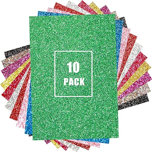 Glitter Iron on Vinyl for T Shirts, HTV Heat Transfer Vinyl Bundle Sparkly Sheets 10 PACK 12x10 INCH With Pink Gold Green Red and Purple Easy Weed, Sparkle Shimmer Iron-on Vinyl