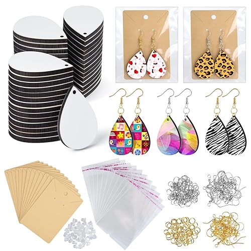 FEPITO 50 Pcs Sublimation Printing Earrings Sublimation Blank Earrings with Earring Hooks Earring Cards and Jump Rings for Women Girls Christmas Valentine's Day DIY Earring Jewelry Making Supplies - White-50pcs