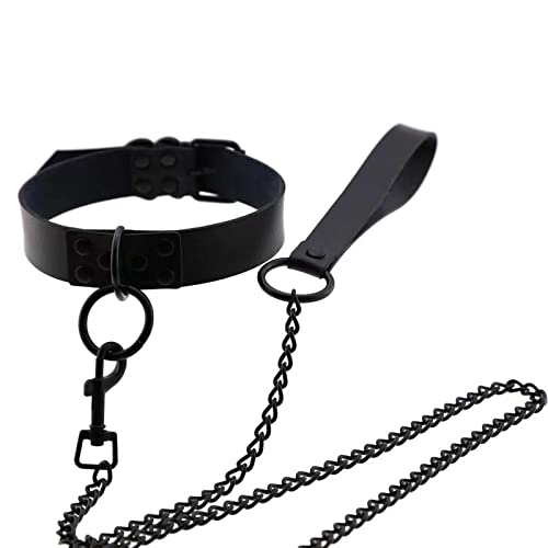 SOFEEL PU Leather Punk Necklace, Vintage Gothic Choker with Leash for Women Girls - Black