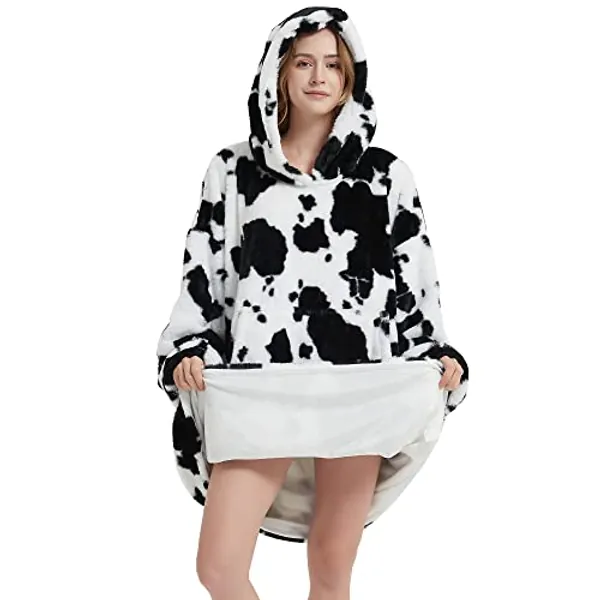 Softan Blanket Hoodie, Oversized Wearable Blanket for Women, Super Cozy Warm and Soft Hooded Blanket Sweatshirt, Cow Print Faux Fur Hoodie Blanket Sweatshirt with Large Pocket, One Size Fits All - Cow Print