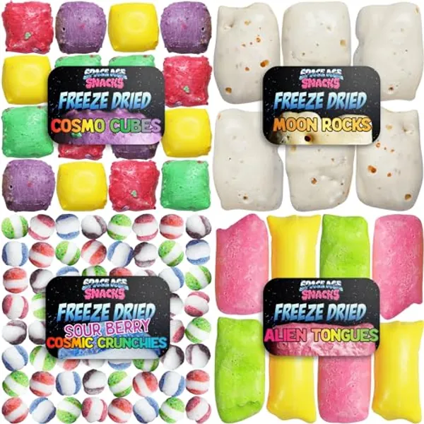 Premium Freeze Dried Candy Variety Pack with 4 Rare Kinds of Candy - Cosmo Cubes, Moon Rocks, Sour Berry Cosmic Crunchies, Alien Tongues - Freeze Dried Candy Sampler Shipped in Box for Protection