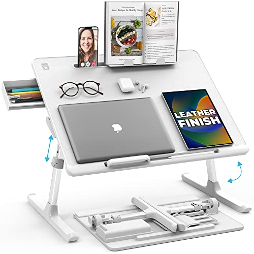 Cooper Desk PRO Large Laptop Table, Adjustable Height | Leather Laptop Lap Tray with Legs, Laptop Tray for Bed, Desk for Laptop, Desk for Bed, Lap Desk for Laptop, Bed Table for Laptop, Bed Tray Table - XL Desk Pro - Pearl White