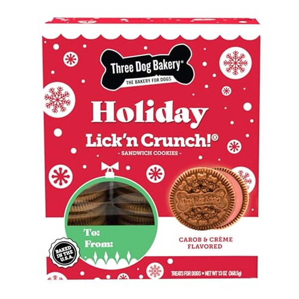 Three Dog Bakery Holiday Lick'n Crunch, Carob Cookie w/Red Crème, Vanilla Flavored Filling, Premium Treats for Dogs, 13 Ounces Each
