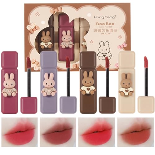 Domality 4 Teiliges Bunny Rabbit Paket Lipgloss Set, 4 Farben Matte Velvet Mousse Liquid Lipstick, Lang Anhaltendes Wasserdichtes Lippen-Make-up-Kit mit Geschenkpaket