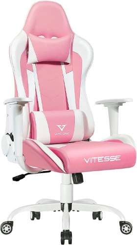 PUKAMI Pink Cute Kawaii Gaming Chair for Girl Ergonomic Desk Racing Office Chair Adjustable High Back Game Chair Swivel Leather Chair with Lumbar Support and Headrest - Pink
