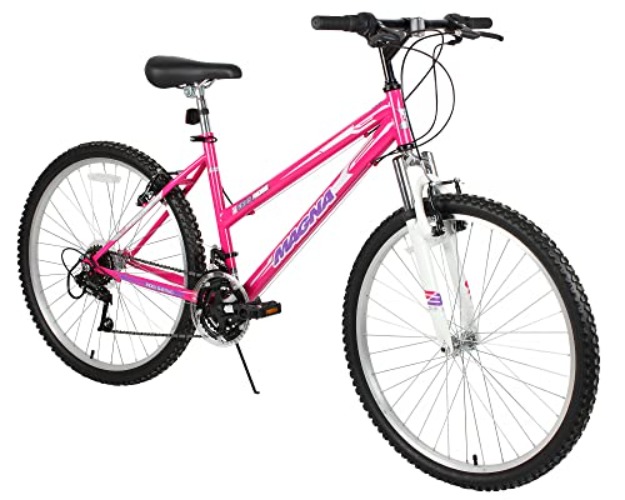 Dynacraft Magna Front Shock Mountain Bike Boys, Girls, Mens and Womens 24 and 26 Inch Wheels with 18 Speed Grip Shifter and Dual Handbrakes - 26" - 26-inch Wheels - Pink