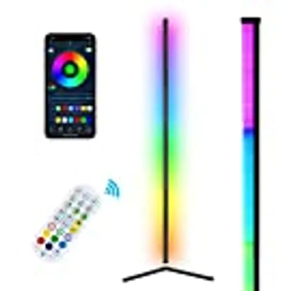 WISIMMALL RGB Corner Floor Lamp, Bluetooth APP and Remote Control Music Sync LED Modern Floor Lamp for Living Room, Light Timing, 398 Dimmable Modes, 64.5" RGB Color Changing Mood Lighting