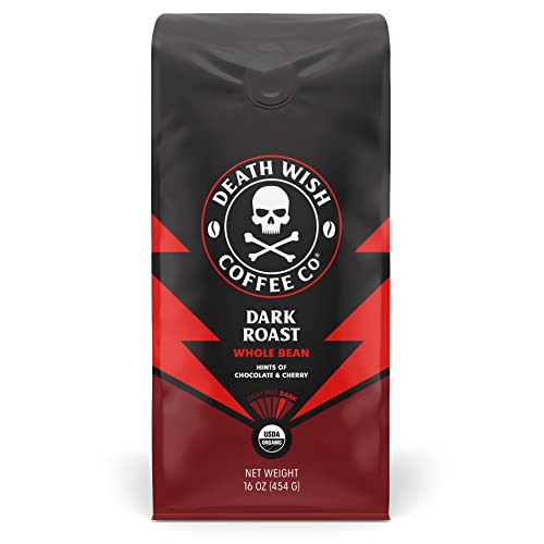Death Wish Coffee, Organic and Fair Trade Dark Roast Whole Bean Coffee, 16 oz - Dark Roast - 16 Ounce (Pack of 1)