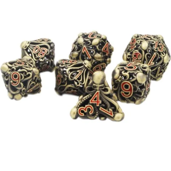 Hollow Dice Set Mind Flayer Polyhedral Bronze Metal Dice in Red Numbers for Dungeons and Dragons, Call of Cthulhu - DNDWoW (HZAR)