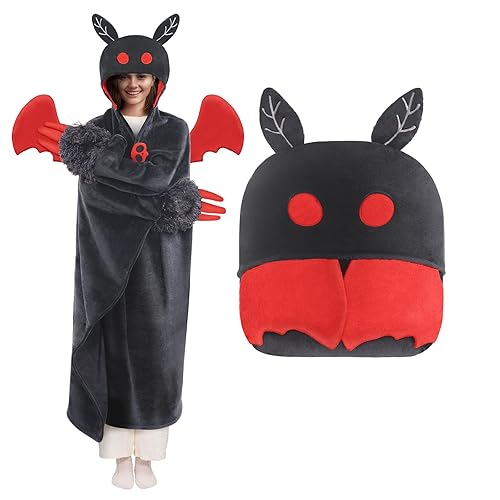 Mewaii Wearable Mothman Blanket Hoodie for Adults, Mothman Costume Hooded Cloak, Warm and Cozy Flannel Cute Animal Blanket Hoodie, Funny Christmas Blanket Gifts for Women And Males - Black