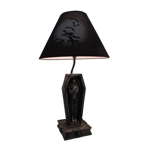 Zeckos Dark Dawning Vampire in The Coffin Black Table Lamp and Fabric Shade Gothic Décor