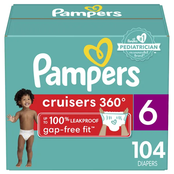 Diapers Size 6, 104 Count - Pampers Pull On Cruisers 360° Fit Disposable Baby Diapers with Stretchy Waistband, Packaging & Prints May Vary - ONE Month Supply Size 6