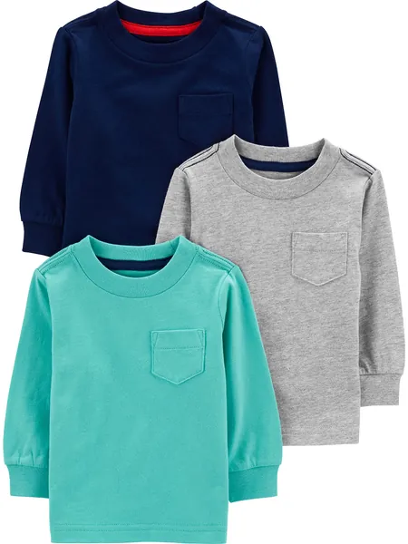 Simple Joys by Carter's Babies, Toddlers, and Boys' Solid Pocket Long-Sleeve Tee Shirts, Pack of 3 - 3T Grey/Blue/Navy