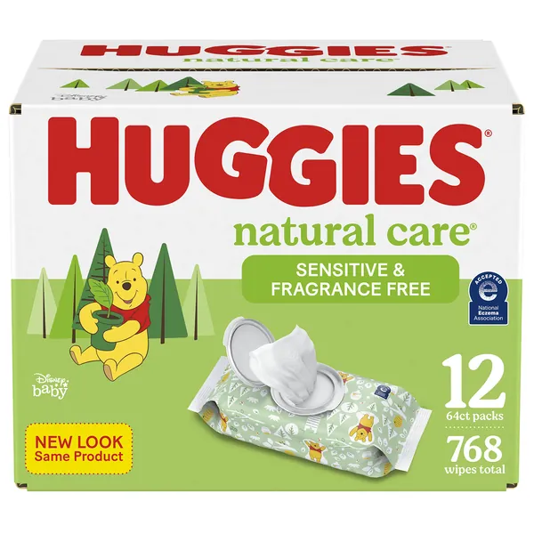 Baby Wipes, Huggies Natural Care Sensitive Baby Diaper Wipes, Unscented, Hypoallergenic, 12 Flip-Top Packs (768 Wipes Total) - 12 Flip-Lid Packs