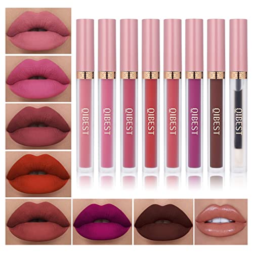 QiBest 7Pcs Matte Liquid Lipstick and 1Pcs Lip Plumper Makeup Set,Pigmented Waterproof Make Up Valentine's Day Gift Lip Gloss Sets Long Wearing Velvet Lip Kit for Teens and Women