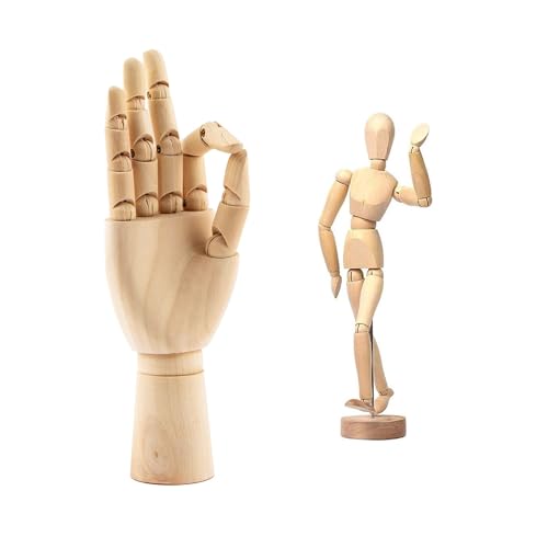 2-Pack 8" Artists Wooden Drawing Figure Mannequin Human People Dolls Figure Manikin Supplies Stop Motion Figure Kit Drawing Tools 12" Wooden Fingers Right Hand Mannequin for Drawing,Painting,Sketching - Right Hand+Mannequin