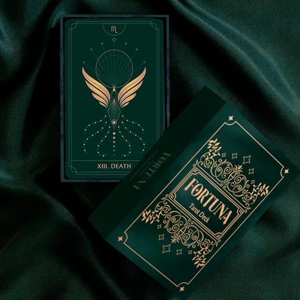 Fortuna Tarot Deck Emerald Anima | Minimalistic Cards Gold Foil 78 Cards | Oracle Cards | Beginners and Experts with GuideBook