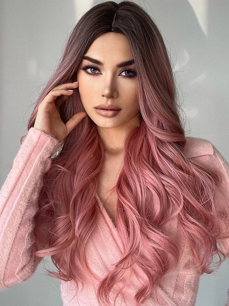 Fashionable Pink long Wavy Synthetic Wigs: Natural-looking and Heat Resistant for Daily Use.Woven Wigs, Synthetic Hair, Fashionable, Heat Resistant, Daily Use
