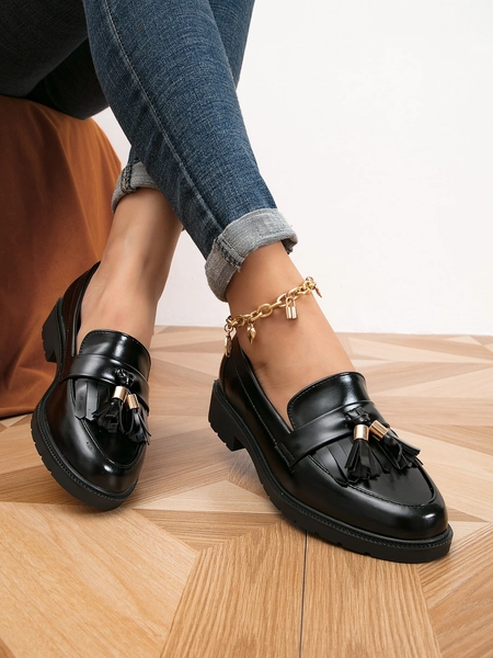 Women Black Tassel Decor Flat Loafers