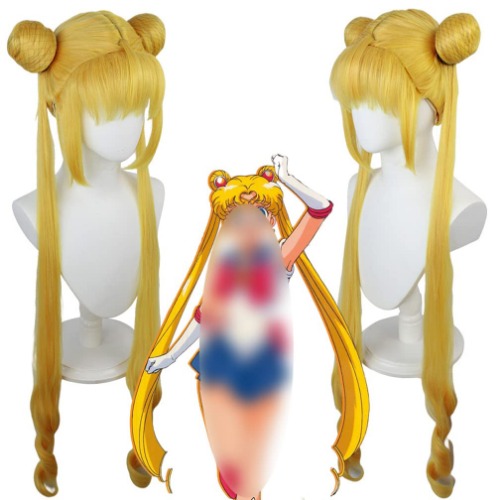 Bokerom Anime Cosplay Wig, Sailor Moon Wig, Tsukino Usagi Wig, Women Golden Double Horsetail Long Hair With Wig Cap, for Halloween, Party, Carnival, Nightlife, Concerts, Weddings