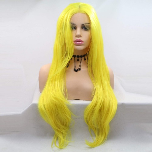 Xiweiya Long Neon Yellow Wavy Wig Synthetic Lace Front Wigs Middle Part Wig Long Soft Nature Wave Wig Hair Replacement Wig for Women, Drag Queen Makeup 24 inch - yellow