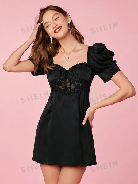 SHEIN ENCHNT Ladies Summer Solid Colored Lace Splicing Sweetheart Neck Bubble Sleeve Dress