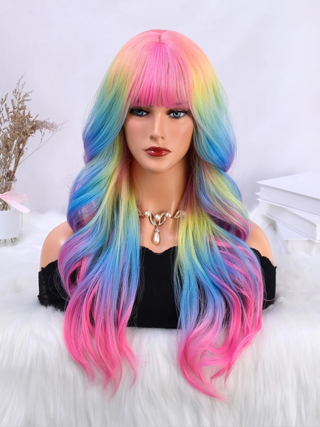 rainbow Synthetic heat resistant wigs long wavy curly with Bangs 24 Inch stylish woman wigs daily wear cosplay, party, beginner friendly