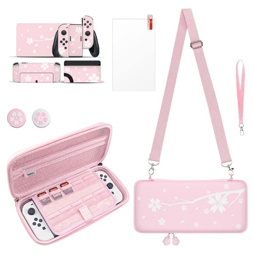 Cute Carrying Case Compatible with Switch OLED, Portable Hard Shell Pouch Travel Storage Bag for Switch Protective Bag with Pink Sakura Skin Stickers, Screen Protector, Joystick Caps