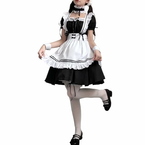 TOLINA Ladies Anime Cosplay French Black white bow Apron Dress Halloween Makeup Costume Furry Cat Ear Socks Set - XX-Large