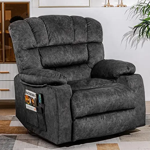 YI DANICA Recliner Chair Massage Heated Modern Ergonomic Lounge Single Sofa Seat Living Room Gravity Recliners Elastic Foam Filling 2 Cup Holders & Side Pocket - Light Grey - Modern