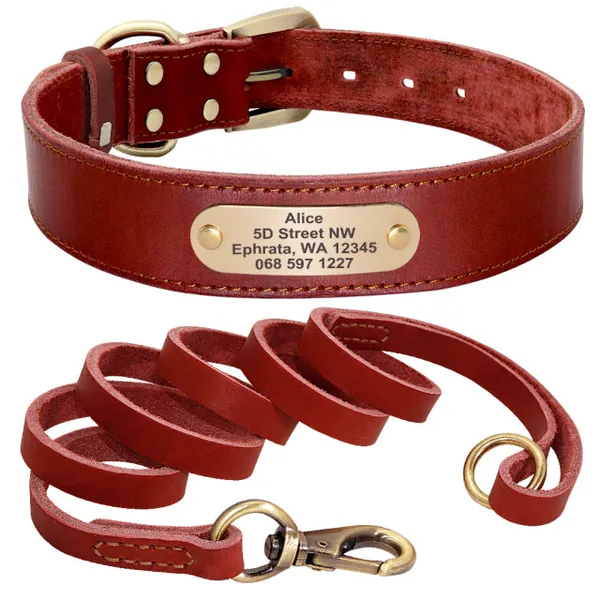 Custom Leather Dog Collar Leash Set Personalized Pet Collar Leash Free Engraved Nameplate For Small Medium Large Dogs | Red Set / XS