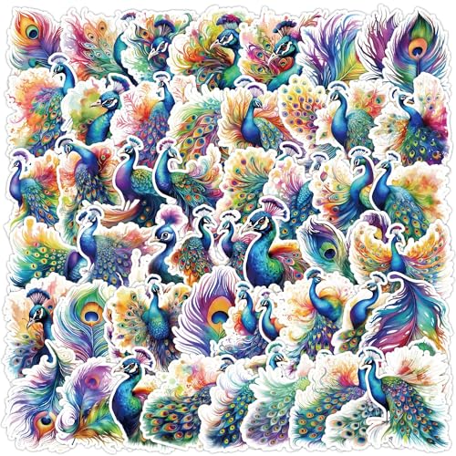 Pigbit 50Pcs Colorful Peacock Stickers - Waterproof Vinyl Pretty Birds Peacock Stickers for Laptops,Water Bottles,Scrapbooking,journals,Party Decorations - Peacocks